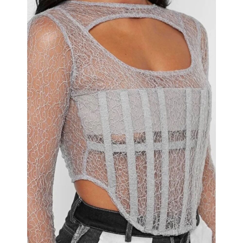 Manière De Voir | Grey Lace String Sheer Corset Bustier Crop Top | Sz 6